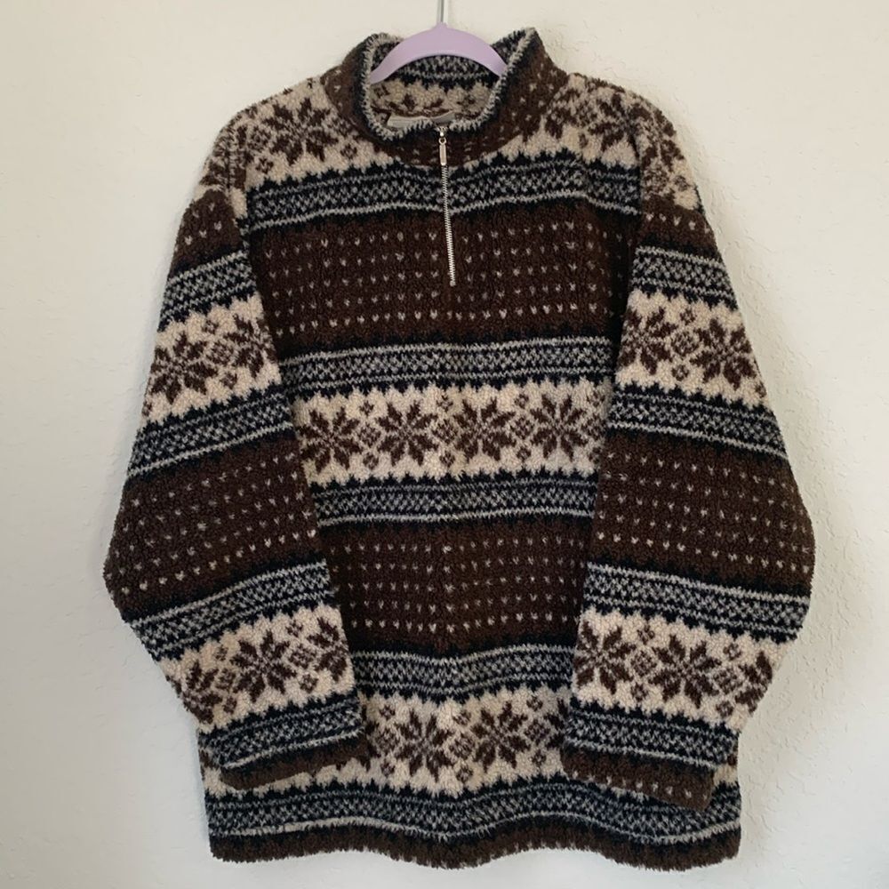 Essentials Style Stand Colar 1/4 Zip Brown White Men’s Fleece Sweater Size XL